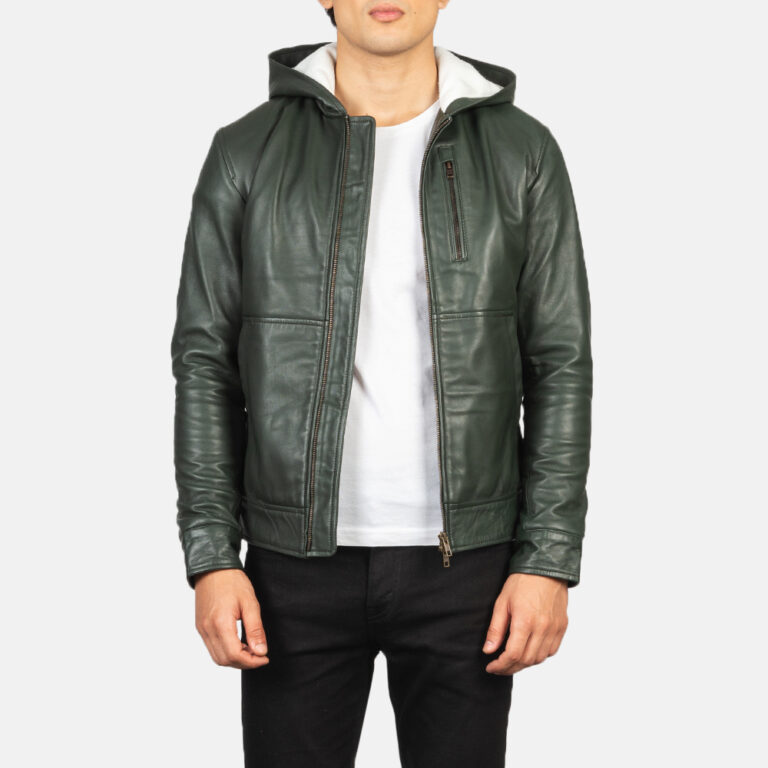 Mens Baston Green Hooded Leather Bomber Jacket Open Front-4-1634135606006